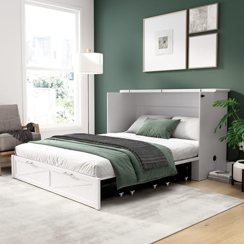 Bestar Murphy Cabinet Bed 65-inch Queen with Pullout Drawer for Bedroom, Guestroom, Key West Collection, Modern, White