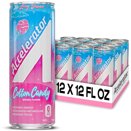 Accelerator Energy Drink Sugar Free, Cotton Candy 12oz can(12 pack) Zero Sugar Energy Drinks with Sustained Energy from 100% Natural Caffeine (200mg) & Green Tea extract