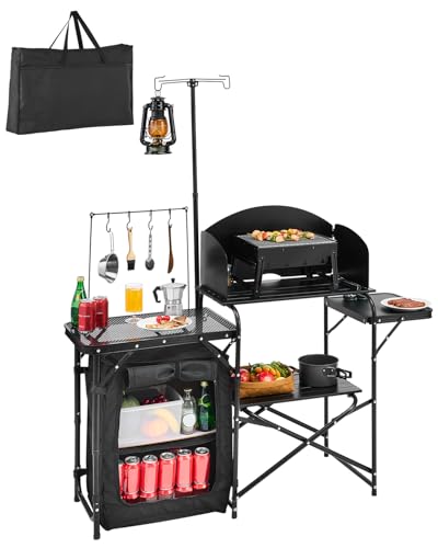 🔥 SELTEN SO GÜNSTIG (-54%) VEVOR Camping Küchentisch Outdoor Kochtisch, tragbare Kochstation aus Aluminium mit Lagerschrank & Tragetasche, & Abnehmbarer Windschutzscheibe, für Grillpartys Picknicks Wohnmobilreisen, schwarz