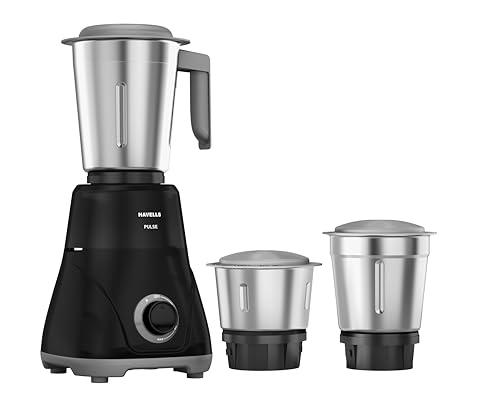 Havells Pulse 500 Watt Mixer Grinder|3 Stainless Steel Leak-Resistant Jars (400ml, 800ml, 1.2L)|3 Speed Control|Heavy-Duty ABS Body|Durable SS Blades|