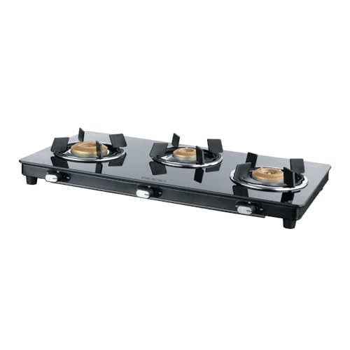 USHA Ebony Neo Slim 3 burner (EBNSL3RGC) with stainless steel body, glass cooktop, large space for parallel cooking, and removable drip tray