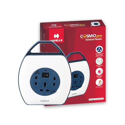 Havells Cosmo Pro 3+1 Reel| Extension Board - 5 Mtr ISI Marked Cable|3 Pin & 2x2 Pins Universal Sockets with Master Switch| LED Indicator| 6A, 240 Vol