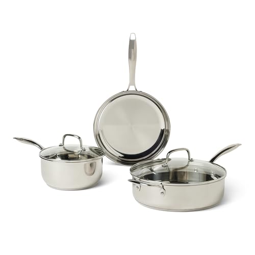 🔥 STARKER PREIS (-59%) Amazon Basics 5-Teiliges Topfset, Edelstahl-Pfannenset für Alle Herdarten, Ofenfest bis 260°C, Spülmaschinenfest