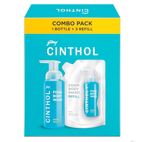 Cinthol Cool Foam Body Wash (800ml) Combo Pack (1 Bottle + 3 Refills) | Unique Foam Formula for Moisturized & Irresistibly Soft Skin | Suitable for Al