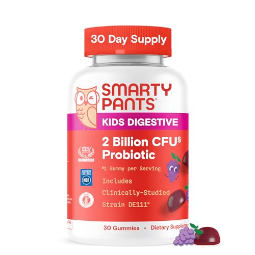 SmartyPants Kids Probiotic Gummies for Digestive Health: 2 Billion CFU Gut Health and Immune Support Supplement, Clinically Studied Probiotic, Gluten Free, Grape, 30 Count (30 Day Supply)