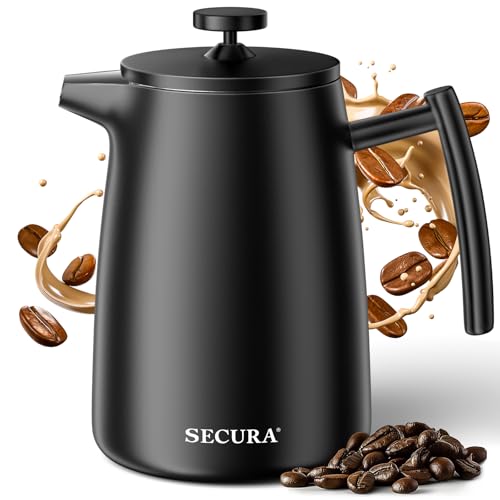 Secura 50oz French Press Coffee Maker – 304 Stainless Steel, Insulated Coffee Press with Extra Filter, Black Black 50-Ounce