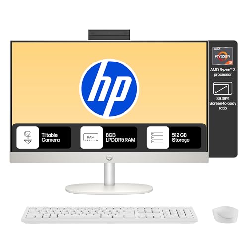 HP AIO 24, AMD Ryzen 3 7320U,8GB LPDDR5, 512GB SSD (Win11,Office24) Anti-Glare, FHD, 23.8inch(60.5 cm), 510SP White Wireless Keyboard and Mouse Combo,