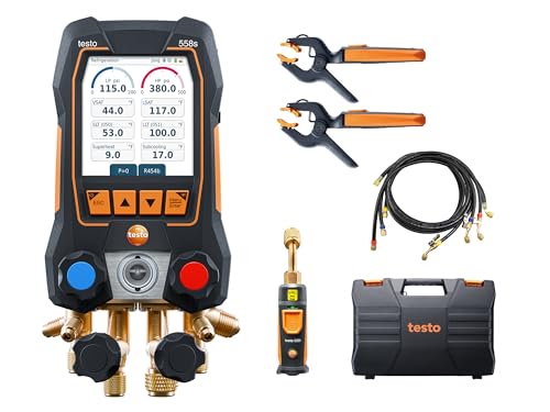 Testo 558s AC Manifold Gauge Set – HVAC Manifold Gauge Set with 2X 115i Pipe-Clamp Thermometer, 1 x 552i Vacuum Probe and a Set of 4 Hoses – with 4-Way Valve, USB-C - Bluetooth and App-Connection