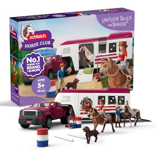Schleich Horse Club - 119 PC Lakeside Truck and Trailer Playset With 2 Horse Figurines, 2 Poseable Rider Figures and Accessories - Interactive Play for Girls and Boys - Toys for Kids Ages 5+ | 42705