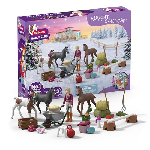 Schleich Horse Club - 2025 Horse Club Advent Calendar: Holiday Foal Magic - 34 Toys Including Poseable Figurine, 3 Horses and Accessories - Holiday Event Calendar for Christmas - Kids Ages 5+ | 99178