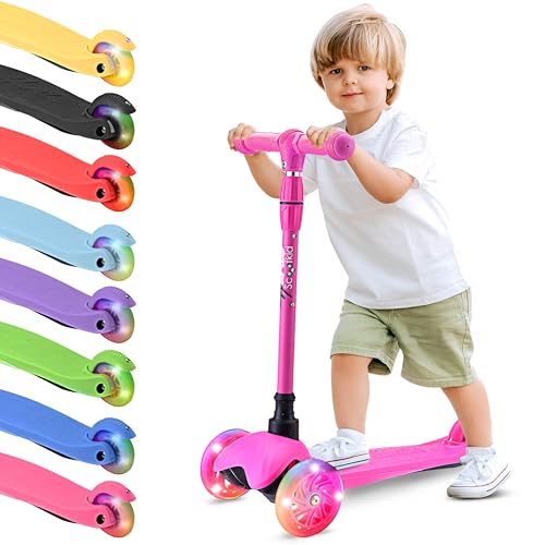 Patinete Infantil Hurtle 3 Rodas LED Freio Ajustável Rosa | Patinete Juvenil de 3 Rodas com Luzes LED, Guidão Ajustável e Freio Traseiro, para Crianças a Partir de 2 Anos