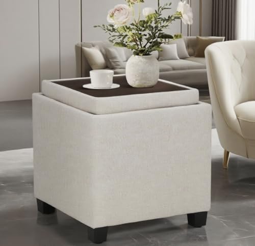 COLAMY Fabric Square Storage Ottoman with Reversible Tray Lid – Multi-Functional Footrest, Hidden Storage, Sturdy & Stylish Small Coffee Table for Living Room, Bedroom, or Entryway(Beige)