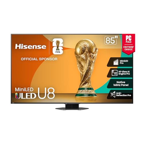 Hisense 85" Class U8 Mini-LED ULED 4K UHD Google Smart TV (85U8QG, 2025 Model) - QLED, Native 165Hz, VRR 288, Up to LD5600, 5000 Nits, HDR10+, Dolby Vision IQ · Atmos, IMAX Enhanced, 4.1.2 Ch Audio