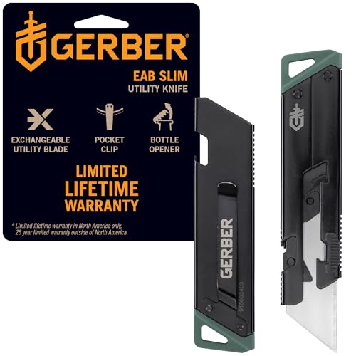Gerber Gear EAB Slim Compact Utility Knife, Clips to Pocket or Keychain with Replaceable Blade with Bottle Opener for Everyday Carry, EDC Gear with Box Cutter Retractable, Black
