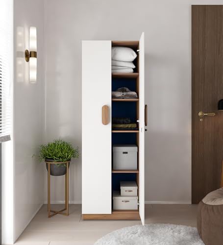 A GLOBIA Creations Slino 2 Door Wardrobe | Engineered Wood | Exotic Teak Finish | Bedroom Storage Cabinet with 4 Shelves | Water & Scratch Resistant |