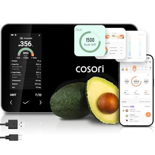 Cosori Smart Food Kitchen Scale with Nutritional Calculator, Free App for AI Scan, Calorie & Macro Tracking, Food Preload, On-Screen Nutrient Info, Personal Goals, Rechargeable, 11 lb / 5 kg