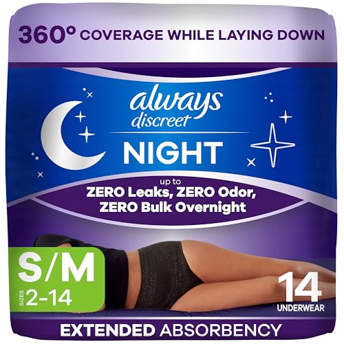 Always Discreet Adult Incontinence Overnight Underwear for Women, Small/Medium, Up to 100% Bladder Leak Protection, 14 Count