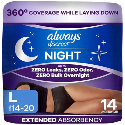 Always Discreet Adult Incontinence Overnight Underwear for Women, Large, Up to 100% Bladder Leak Protection, 14 Count