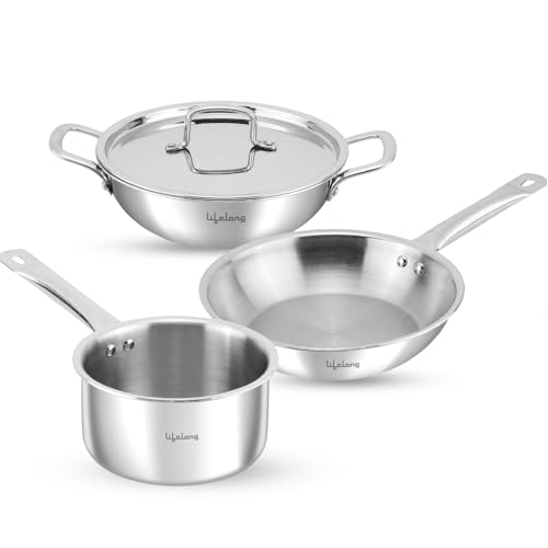 Lifelong 4 piece Triply cookware Set| Triply Kadai, Frypan & Saucepan for Cooking | 24 cm Kadai & Fry Pan 22 cm with Lid | 16 cmSauce Pan | Induction 
