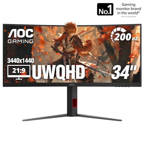 (-24%) AOC CU34G4 34 Zoll Curved, UW-QHD Gaming Monitor, 180Hz, Fast VA Panel, 1ms GtG, HDR10, FreeSync Premium, Höhenverstellung,(3440x1440 HDMI 2X 2.0 DP 1x 1.4) Schwarz