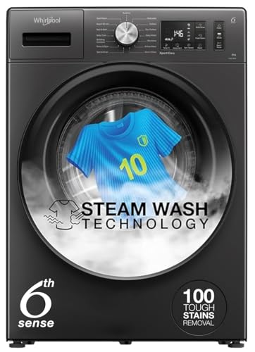 Whirlpool 8 Kg 5 Star Inverter Supreme Care Front Load Fully Automatic Washing Machine with In-Built Heater (XS8014BWME, MidNight Grey, Steam Technolo