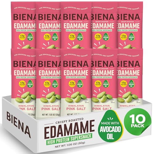 Biena Crispy Roasted Edamame Beans Snack – High Protein Low Carb Snack for Adults & Kids, 13g Protein per Serving - Made w/Avocado Oil – Vegan, Gluten-Free – 10-Pack, 1.05oz Bags, Himalayan Pink Salt