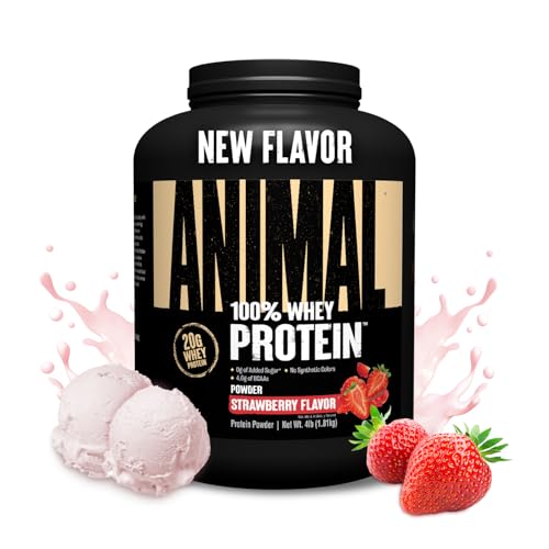 Animal 100% Whey Protein Powder – Whey Blend for Pre or Post Workout, Recovery, Anytime Low Sugar Protein Boost Meal Replacement with BCAA Branched Chain Amino Acids – New Flavor, Strawberry, 4 lb