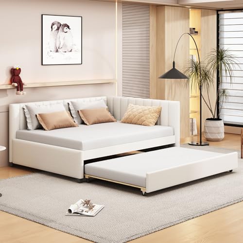 PVWIIK Full Size Daybed with Trundle for Bedroom,Guest Room,Solid Wood Bed Frame w/Wood Slat Support,Upholstered Backrest for Adults/Kid,No Box Spring Needed, Beige
