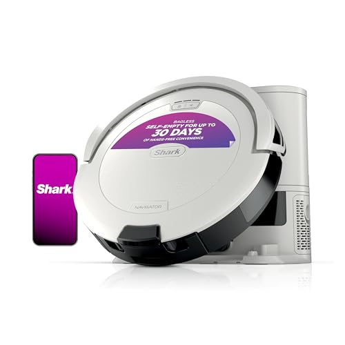 Shark Navigator Robot Vacuum with Bagless 30-Day Capacity Self-Empty Base, Powerful Suction, SmartPath Navigation, Self-Cleaning Brushroll, for Carpets & Hard Floors, White, AV2110S