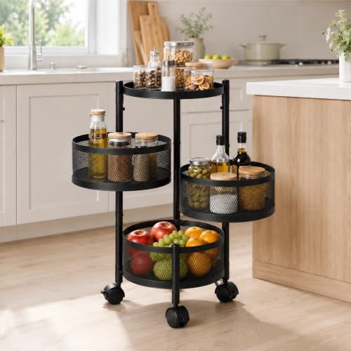 Lifelong 3-Tier Multipurpose Organizer Cart with 360-Degree Rotating Wheels | Round Mesh Basket Trolley | Metal Storage Rack for Vegetables, Fruits, U