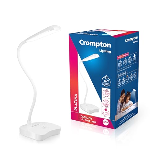 Crompton DeskJoy 5W USB-C LED Table Lamp | Touch Dimming, Pack of 1 USB-C rechargeable; 1800mAh Li-ion battery; up to 10 hours backup; 360° flexible n