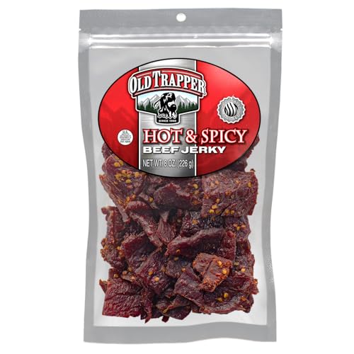 Old Trapper Beef Jerky, Hot & Spicy 8-Ounce Individual Pack, Tender and Spicy Meat Snacks for Lunches or Between Meals, 11 Grams of Protein and 70 Calories per Serving (Pack of One)