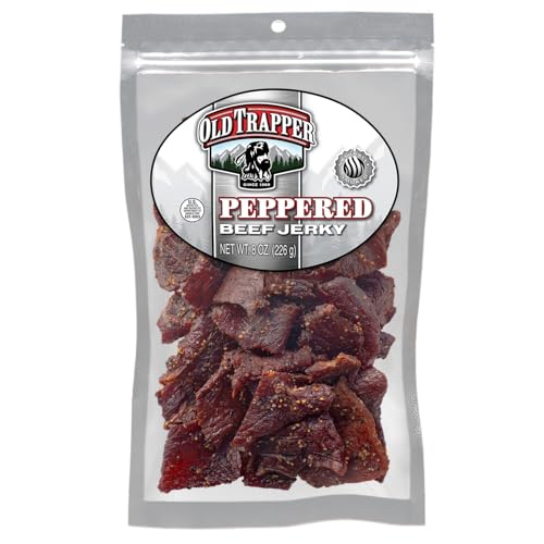Old Trapper Beef Jerky, Peppered 8-Ounce Pack, Spicy Meat Snacks for Lunches or Between Meals, 11 Grams of Protein, Zero Grams of Fat, and 70 Calories per Serving (Pack of One)