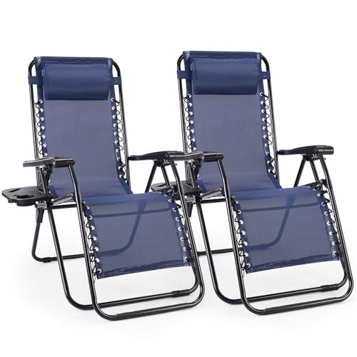 Sweetcrispy Zero Gravity Chairs, Set of 2 Portable Recliner Beach Camping Patio Outdoor Folding Lounge Chair with Cup Holder Trays and Adjustable Pillow for Poolside, Garden, Backyard, Lawn (Blue)