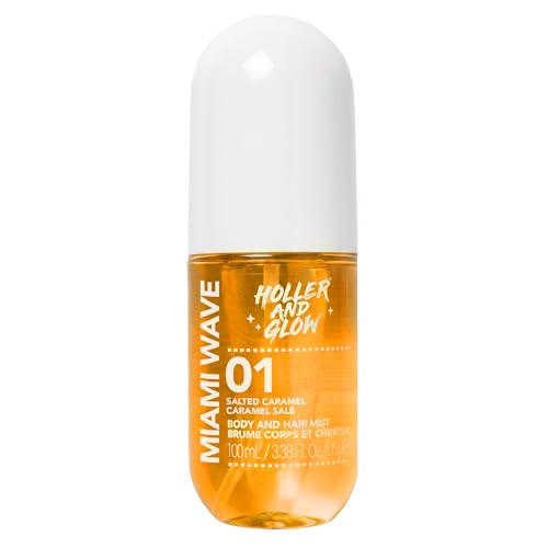 HOLLER AND GLOW Miami Wave Salted Caramel Body & Hair Mist, Body Spray For Women, Hair Perfume For Women, Sweet Coconut, Vanilla Scented, Warm & Sweet, Travel Sized, 3.38 Fl Oz