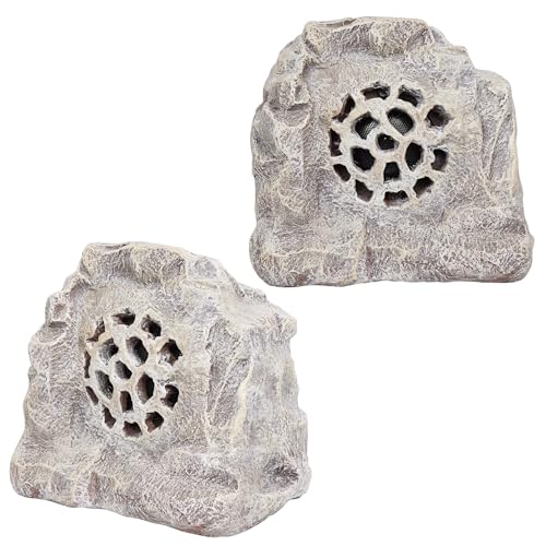 Alpine Corporation 11" Weather-Resistant Solar Bluetooth Outdoor Speakers, Wireless Rock Look Finish 50-Foot Range Audio, Set of 2 - Beige