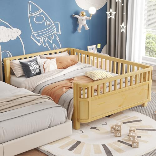 KEIKI Full Size Wooden Floor Bed, Montessori Platform Bed Frame with Low Profile & Safety Rails, Space Saving Kids Beds for Boys Girls Bedroom, No Box Spring Needed, Easy Assembly, Noise Free, Brown