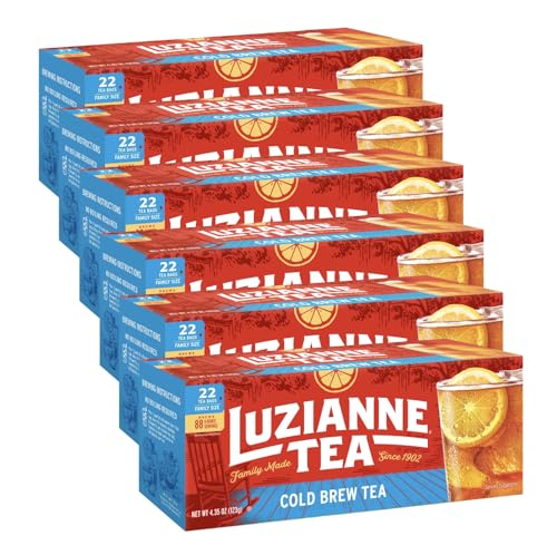 Luzianne Unsweetened Cold Brew Black Iced Tea Bags, Family Size, 22ct Box (Pack of 6)