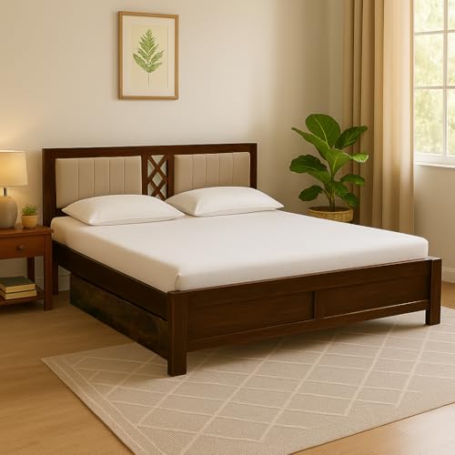 EXCEL International Cross Pettern Design Solid Sheesham Wood Queen Size Bed with Drawer Storage | Double Bed with Box Storage & Upholstered Cushined H
