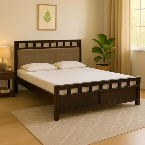 EXCEL International Matrix Solid Sheesham Wood Queen Size Bed Without Storage | Wooden Double Bed with Velvet Upholstery Cushioned Headboard for Bedro