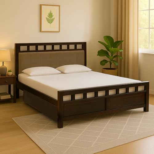 EXCEL HOME Solid Sheesham Wood Queen Size Bed with Drawer Storage | Wooden Double Bed with Drawer Box Storage & Upholstered Cushined Headboard for Bed