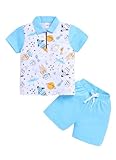 LITTLE NINJA Cotton Half Sleeves Space Theme Printed Polo Tee Shorts Set Blue White