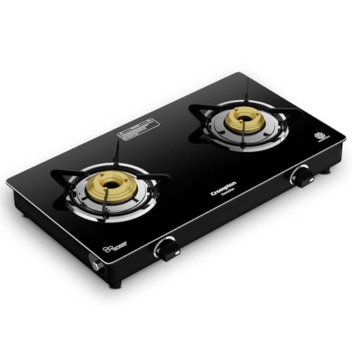 Crompton FlameStar 2 Burner Glass Top LPG Gas Stove | 1 Jumbo & 1 Medium Brass Burner | Max Space | Easy Cleaning | Toughened Glass | Tri Pin Burners 