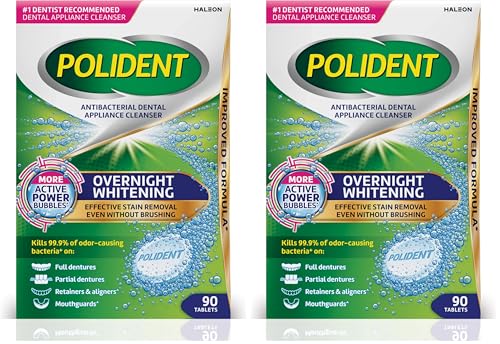 Polident Overnight Whitening Antibacterial Dental Appliance Cleanser Tablets, 90 Count (Pack of 2)