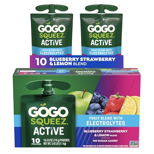 GoGo squeeZ Active Fruit Blend with Electrolytes | 10-Count Pack | Blueberry Strawberry & Lemon | Made with Real Fruit and Antioxidants Vitamin A, Vitamin E, & Vitamin C