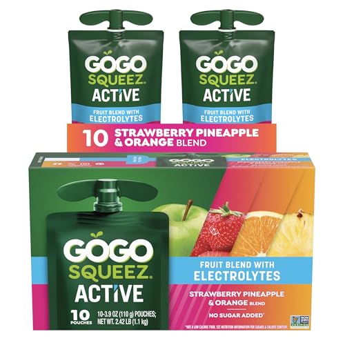 GoGo squeeZ Active Fruit Blend with Electrolytes | 10-Count Pack | Strawberry Pineapple & Orange | Made with Real Fruit and Antioxidants Vitamin A, Vitamin E, & Vitamin C