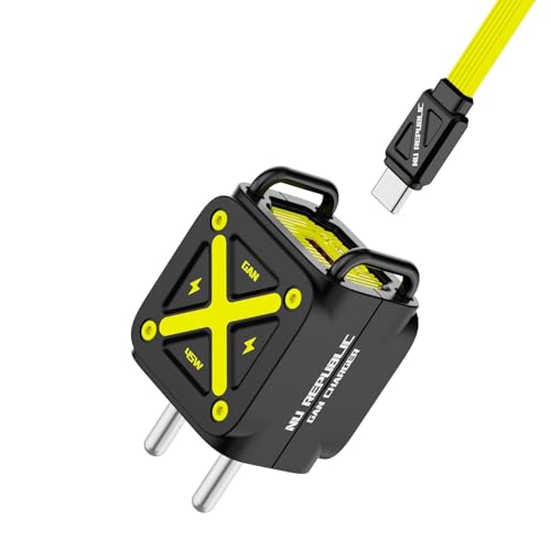 Nu Republic Cybotron Cube 45W GaN Charger, Dual Output Type-C & USB-A, PD PPS Fast Charging, with Cable, for Type c Devices, Black/Yellow