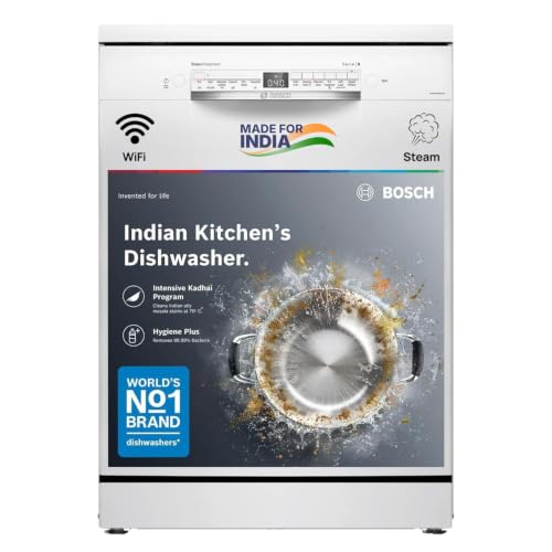 Bosch 14 Place Setting Free Standing Dishwasher for Indian Utensils, WiFi Enabled, Intensive Kadhai Program, Inbuilt Heater, Fits Up to 80 Utensils, W