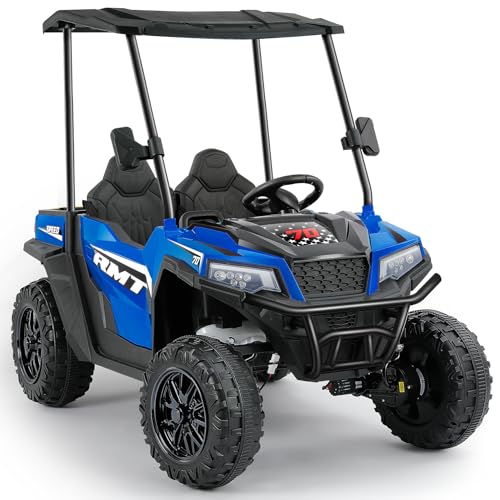 ELEMARA 24V 10AH Multifunctional Ride on Car with Dump Bed, Shovel, and Sun Shade, Large Electric Car 2 Seater, Side by Side Battery Car for Kid w/Remote, 3 Speeds, LED Lights, Bluetooth, Blue