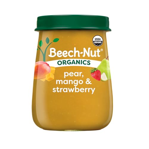 Beech-Nut Organic Baby Food Jars, Organic Pear Mango & Strawberry Baby Puree, Stage 2 for Babies 6 Months and Up, Non-GMO, 4oz Glass Baby Food Jars, 10ct